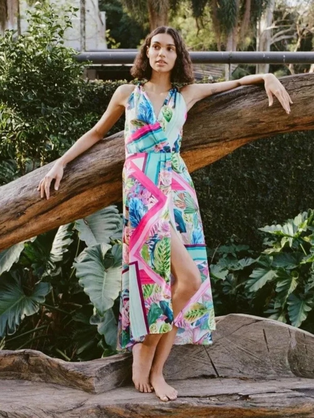 New Zara Satin Tropical Draped Dress
